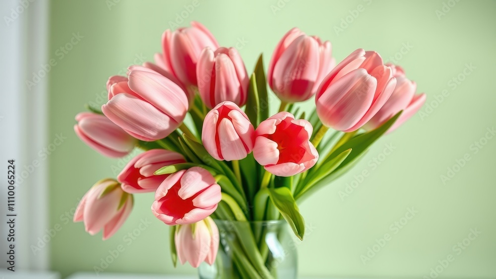 Fototapeta premium A delicate bouquet of pink tulips arranged in a clear vase, showcasing the vibrant hues and delicate beauty of these spring blossoms.