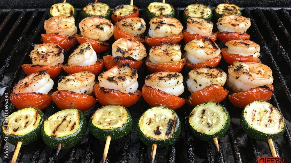 Grilled Shrimp and Vegetable Skewers on Barbecue Grill Grilled Shrimp and Vegetable Skewers on Barbecue Grill
