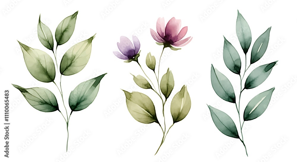 Watercolor Set Flowers, Leaves, and Branches on White Canvas Watercolor Set Flowers, Leaves, and Branches on White Canvas