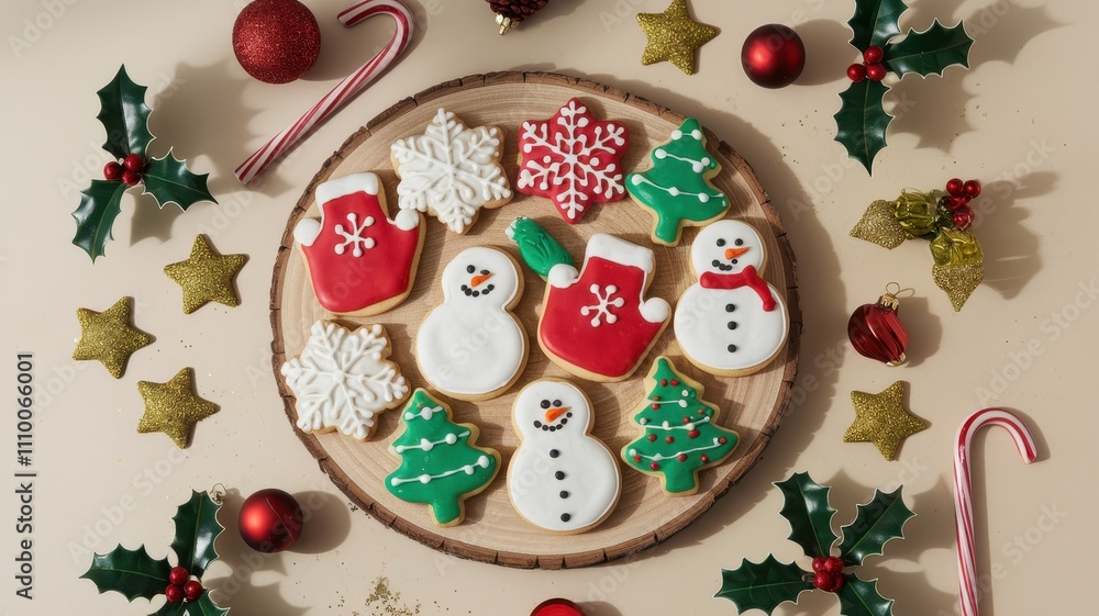 Christmas Cookies on Rustic Tray with Festive Decorations Christmas Cookies on Rustic Tray with Festive Decorations