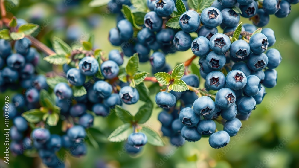 A cluster of ripe blueberries, plump and juicy, nestled amongst the vibrant green foliage of the bush. A cluster of ripe blueberries, plump and juicy, nestled amongst the vibrant green foliage of the bush.