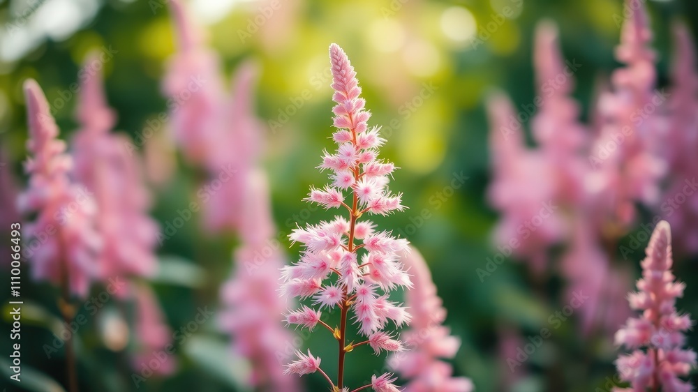 A delicate pink flower with a feathery texture stands tall against a backdrop of blurred green foliage, bathed in the soft glow of the setting sun. A delicate pink flower with a feathery texture stands tall against a backdrop of blurred green foliage, bathed in the soft glow of the setting sun.