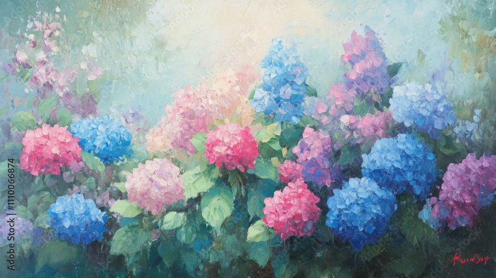 Fototapeta premium Vibrant Hydrangea Bloom in Pastel Colors with Soft Background Light