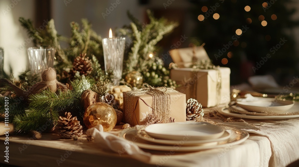 A festive table showcasing a variety of gifts in unique shapes and textures, all beautifully wrapped and accented with natural elements. A festive table showcasing a variety of gifts in unique shapes and textures, all beautifully wrapped and accented with natural elements.