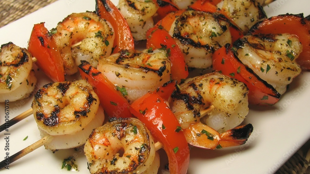 Grilled Shrimp and Vegetable Skewers on a White Plate Grilled Shrimp and Vegetable Skewers on a White Plate