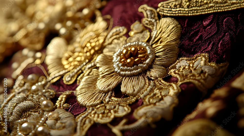 Close-up of intricate gold and pearl embroidery on a rich maroon fabric. Close-up of intricate gold and pearl embroidery on a rich maroon fabric.