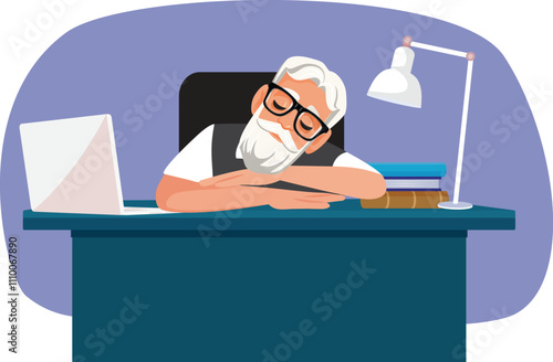 Tired Senior Man Sleeping at the Desk Vector Illustration. Elderly worker resting his head at work feeling exhausted 
