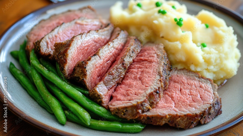 Sliced Roast Beef with Mashed Potatoes and Green Beans on Plate Sliced Roast Beef with Mashed Potatoes and Green Beans on Plate