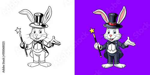 A charming cartoon white rabbit magician in a tuxedo and top hat holds a magic wand. The vibrant blue background enhances the whimsical and magical theme.