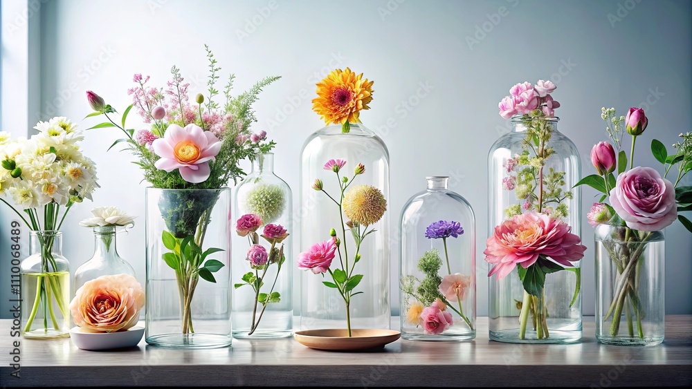 A collection of spring blossoms arranged in various glass containers on a tabletop. A collection of spring blossoms arranged in various glass containers on a tabletop.