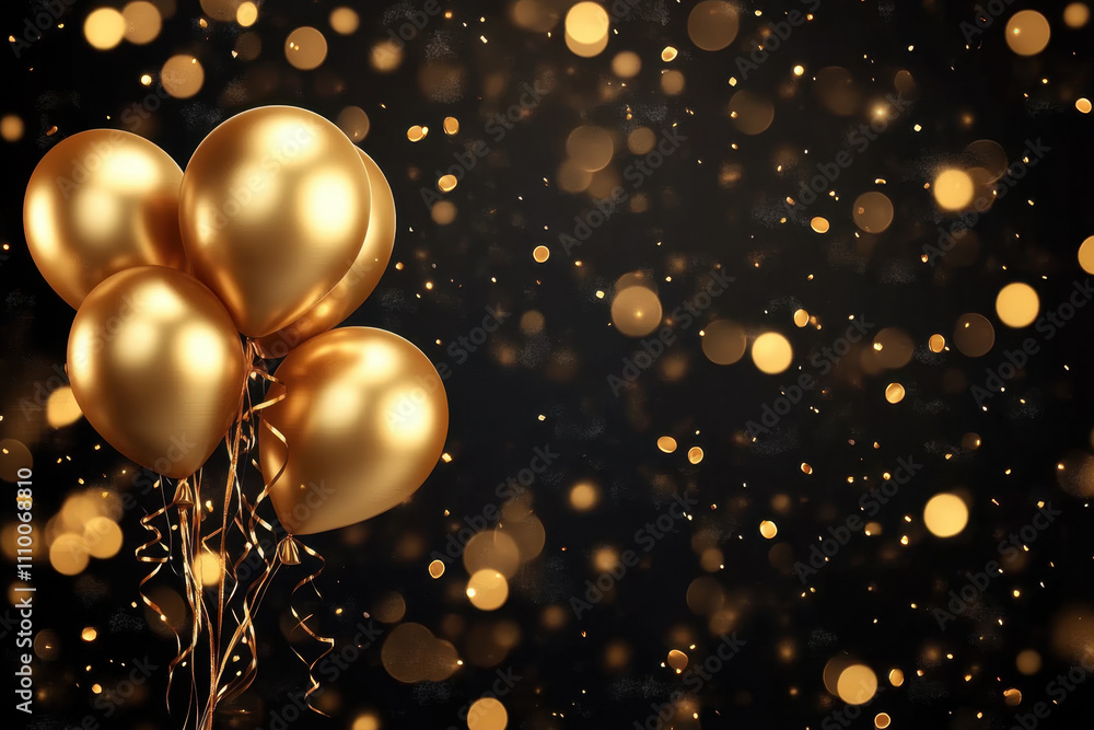 Image showing gold balloons on the left against a dark background with soft gold bokeh lights Image showing gold balloons on the left against a dark background with soft gold bokeh lights