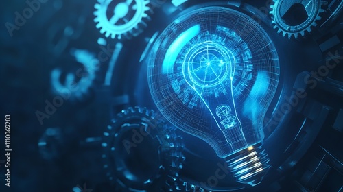  Abstract Blue Light Bulb and Cog Wheels. Creative Thinking Concept