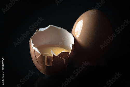 View of Egg yolk in Broken raw chicken eggshell and Fresh chicken egg (Hen egg) on Black background. photo