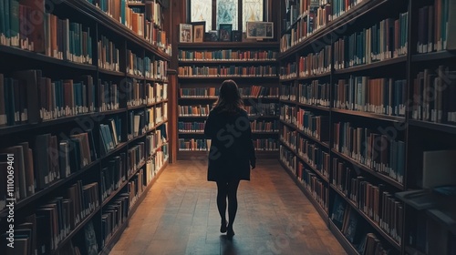 Woman walking through a library