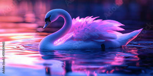 A graceful 3D swan, its feathers in a mix of bright neon hues (such as glowing purple and pink), gliding across the surface of the water. The water itself is a mix of neon colors, with soft reflection