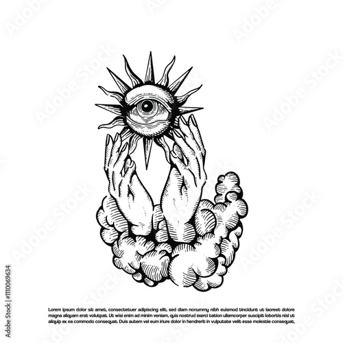 Vintage retro hand drawn god hand with sun eye vector in the cloud