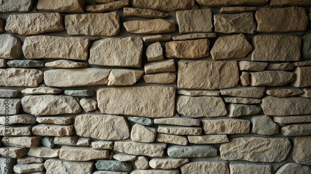 Fototapeta premium A rustic stone wall with a mixture of sizes and shapes, showcasing the natural beauty and texture of stone.