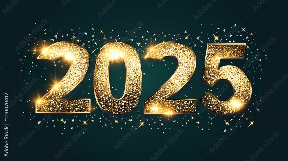 A dazzling Happy New Year 2025 design featuring glittering golden numbers '2025' illuminated against a rich dark green background, A dazzling Happy New Year 2025 design featuring glittering golden numbers '2025' illuminated against a rich dark green background,