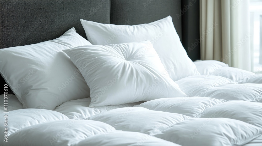 Cozy White Pillows on Soft Bed Mattress in Bright Room Cozy White Pillows on Soft Bed Mattress in Bright Room