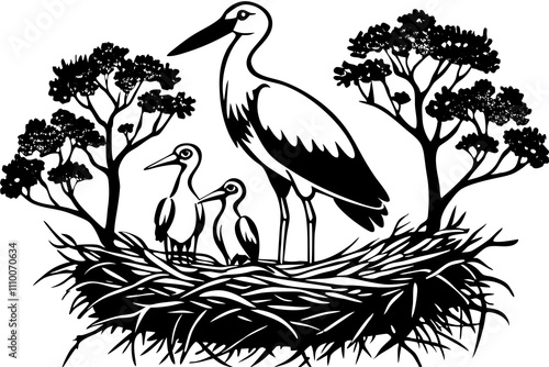 Bird family in nest vector art illustration