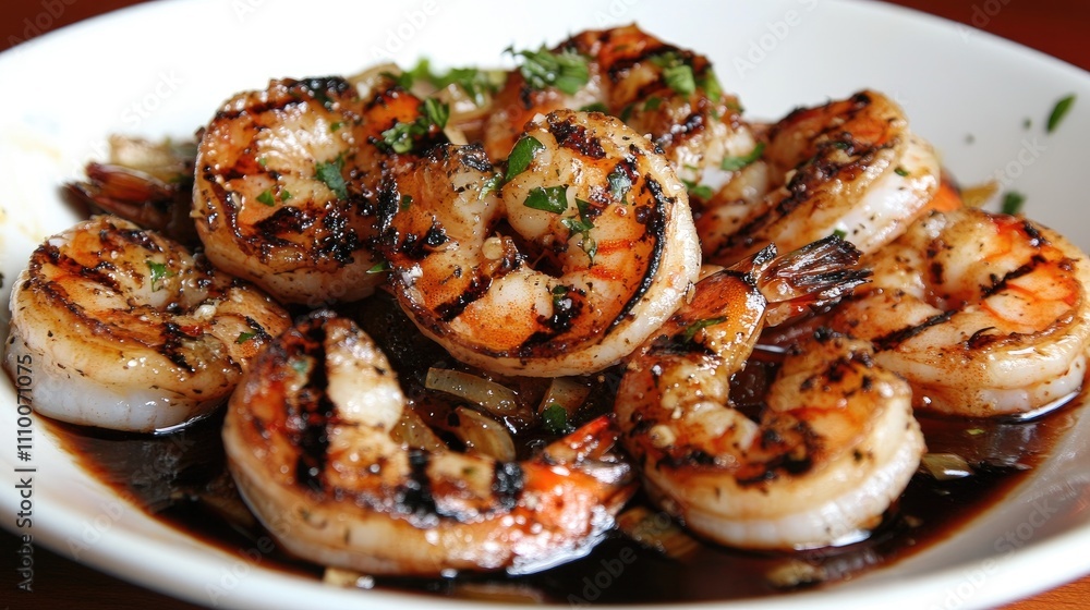 Grilled Shrimp with Herbs and Spices on White Plate Grilled Shrimp with Herbs and Spices on White Plate