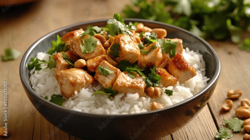 Delicious Chicken Dish with Rice and Fresh Herbs in Black Bowl Delicious Chicken Dish with Rice and Fresh Herbs in Black Bowl
