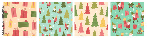Collection of Winter Christmas seamless pattern of  elf, tree and gifts vector illustration