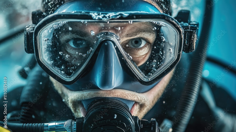 A close-up of a diver underwater, showcasing equipment and bubbles around the face. A close-up of a diver underwater, showcasing equipment and bubbles around the face.