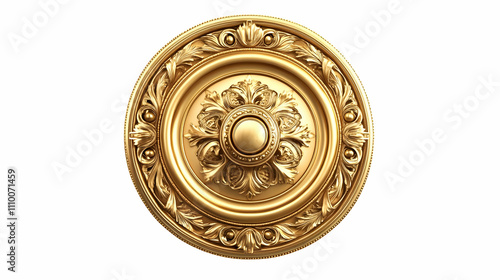 A decorative golden medallion featuring intricate floral designs and a central knob.