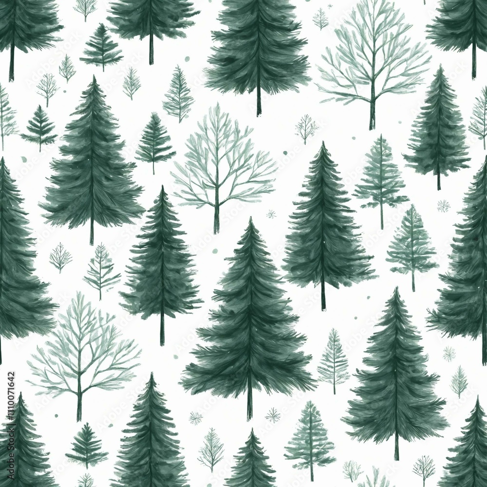 Obraz premium Illustrate a serene winter scene featuring a group of evergreen trees, with the largest tree in the center. Use a minimalist style with detailed line work and a monochromatic green palette. 