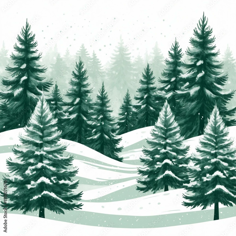 Obraz premium Illustrate a serene winter scene featuring a group of evergreen trees, with the largest tree in the center. Use a minimalist style with detailed line work and a monochromatic green palette. 