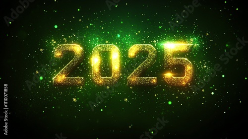 A dazzling Happy New Year 2025 design featuring glittering golden numbers '2025' illuminated against a rich dark green background, 