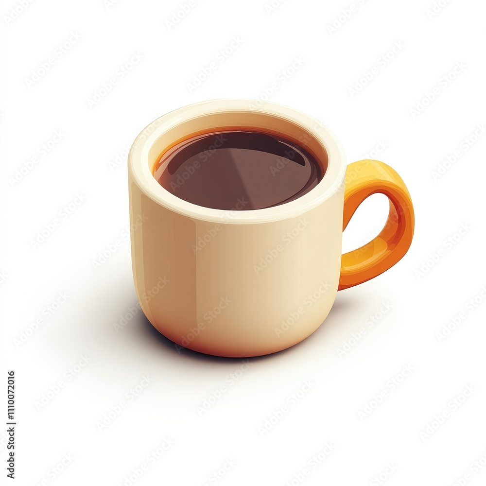 A cup of coffee with an orange handle. A cup of coffee with an orange handle.