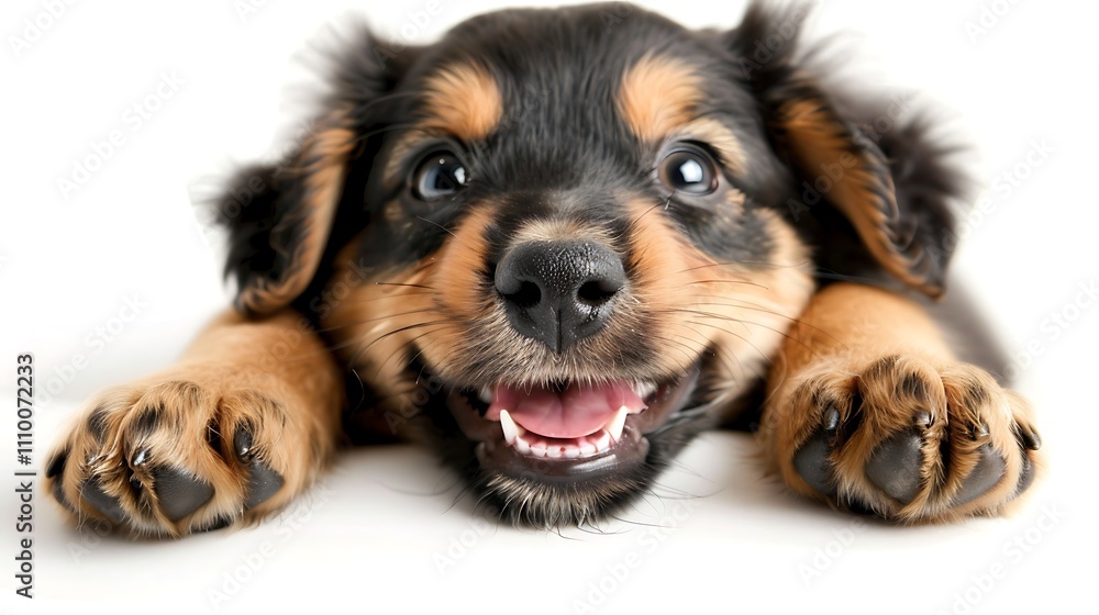 A cute puppy with a joyful expression, resting on its paws, showcasing its playful nature and fluffy fur.