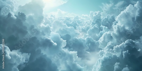 A serene view of fluffy clouds illuminated by soft sunlight, creating a tranquil and dreamy atmosphere.