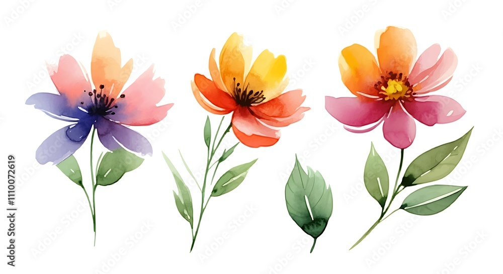 Fototapeta premium Delicate Watercolor Flower and Leaf Set with Branches on White