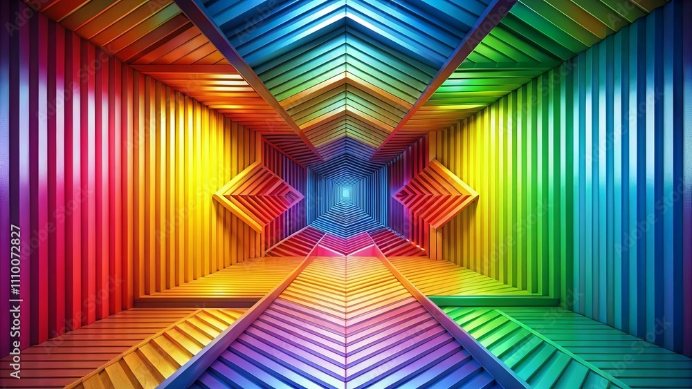 Fototapeta premium Vibrant Rainbow-Colored Corridor with Geometric Wooden Walls and Illuminated Path