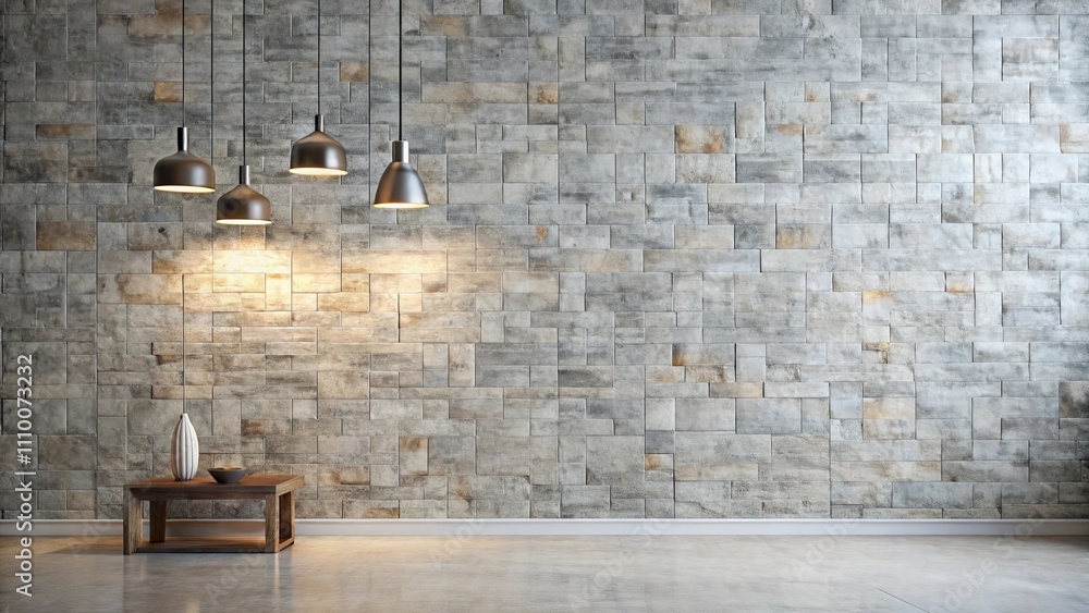 Modern minimalist interior design with stone wall and pendant lights Modern minimalist interior design with stone wall and pendant lights