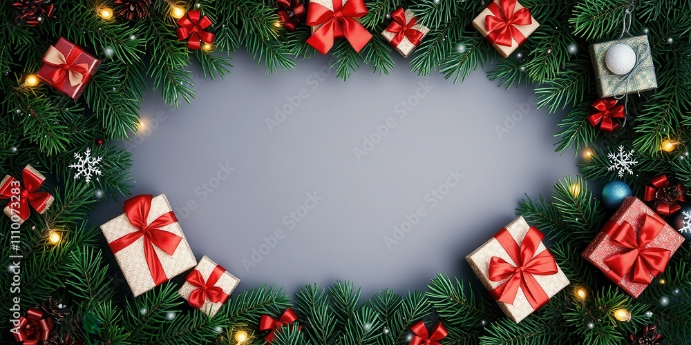 A festive Christmas wreath of fir branches adorned with shimmering lights, red bows, and beautifully wrapped gifts, forming a charming frame for your holiday message. A festive Christmas wreath of fir branches adorned with shimmering lights, red bows, and beautifully wrapped gifts, forming a charming frame for your holiday message.