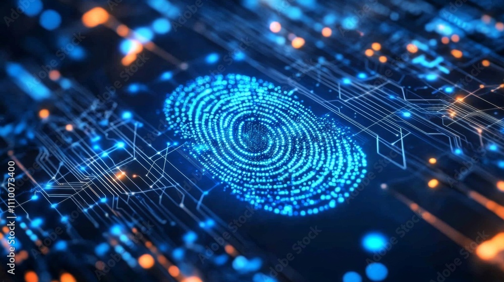 Close-up blue fingerprint circuit board is center surrounded A scan provides Close-up blue fingerprint circuit board is center surrounded A scan provides
