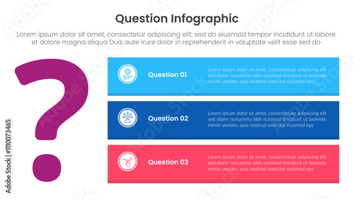 question infographic template banner with big question mark and bold rectangle box container stack with 3 points for slide presentation