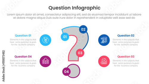 question infographic template banner with big question mark .and small circle along side circular with 4 points for slide presentation