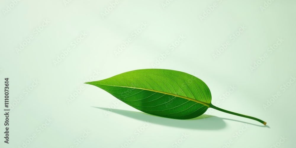 A Single Green Leaf with Delicate Veins Casts a Shadow on a Light Green Background A Single Green Leaf with Delicate Veins Casts a Shadow on a Light Green Background