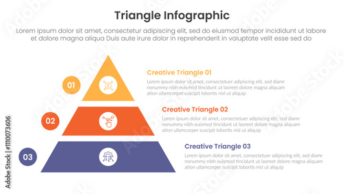 triangle base shape infographic template banner with big pyramid slice stack with 3 point for slide presentation