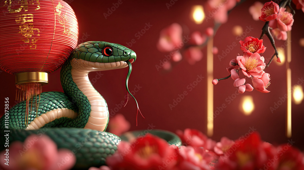 green snake, red background, lanterns and flowers, Chinese new year concept green snake, red background, lanterns and flowers, Chinese new year concept