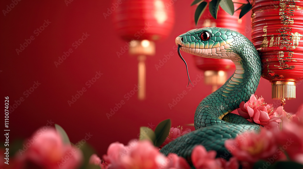 Fototapeta premium green snake, red background, lanterns and flowers, Chinese new year concept