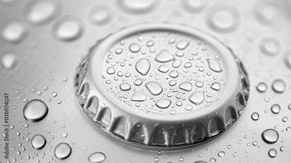 Close-Up of Metal Bottle Cap with Water Droplets on Silver Surface Close-Up of Metal Bottle Cap with Water Droplets on Silver Surface