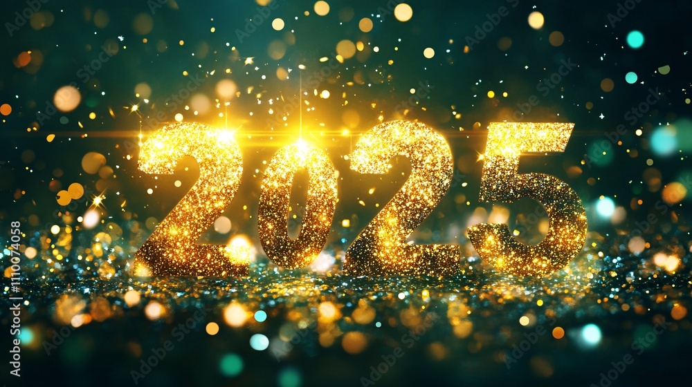 A dazzling Happy New Year 2025 design featuring glittering golden numbers '2025' illuminated against a rich dark green background, A dazzling Happy New Year 2025 design featuring glittering golden numbers '2025' illuminated against a rich dark green background,