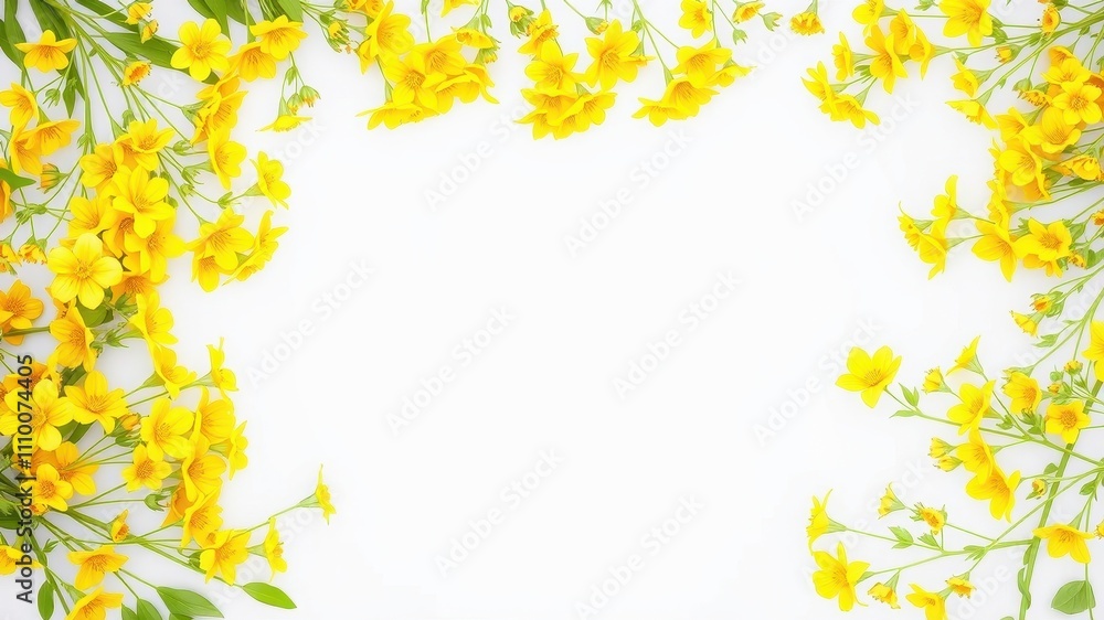 A delicate border of vibrant yellow wildflowers arranged symmetrically on a white background, creating a captivating floral frame. A delicate border of vibrant yellow wildflowers arranged symmetrically on a white background, creating a captivating floral frame.