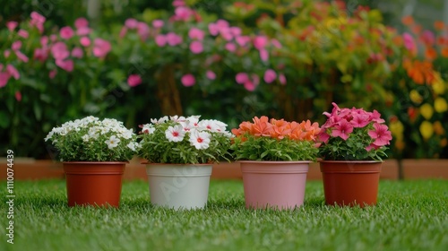 Wallpaper Mural Colorful potted flowers in vibrant pots arranged on green grass, surrounded by a lush floral background. Torontodigital.ca